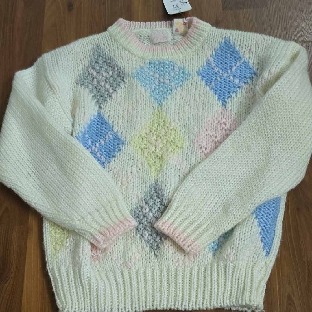 Cozy Cream Argyle Sweater crew neck pastel cream knitted top